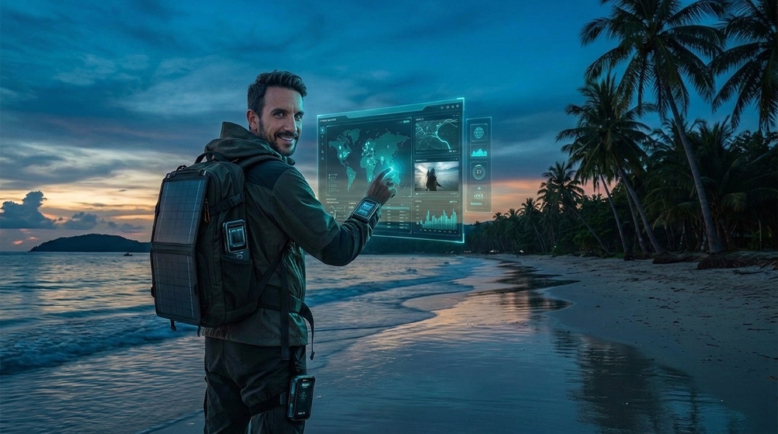 Pedro en una playa al atardecer, con mochila solar, manejando un panel de datos flotante